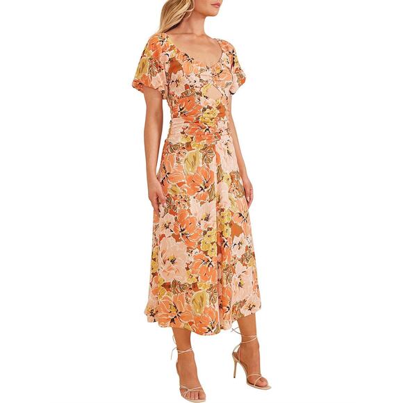 NWT MinkPink Tahlia Midi Dress Small Orange Pink Floral Print Linen Blend Party - Picture 11 of 11